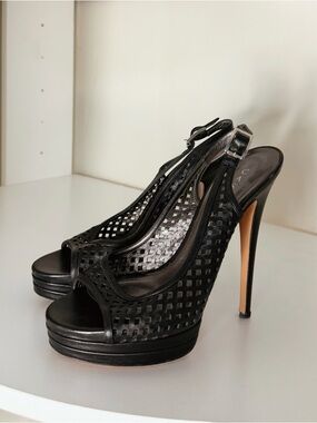 Black Perforated Slingback Platform Heels